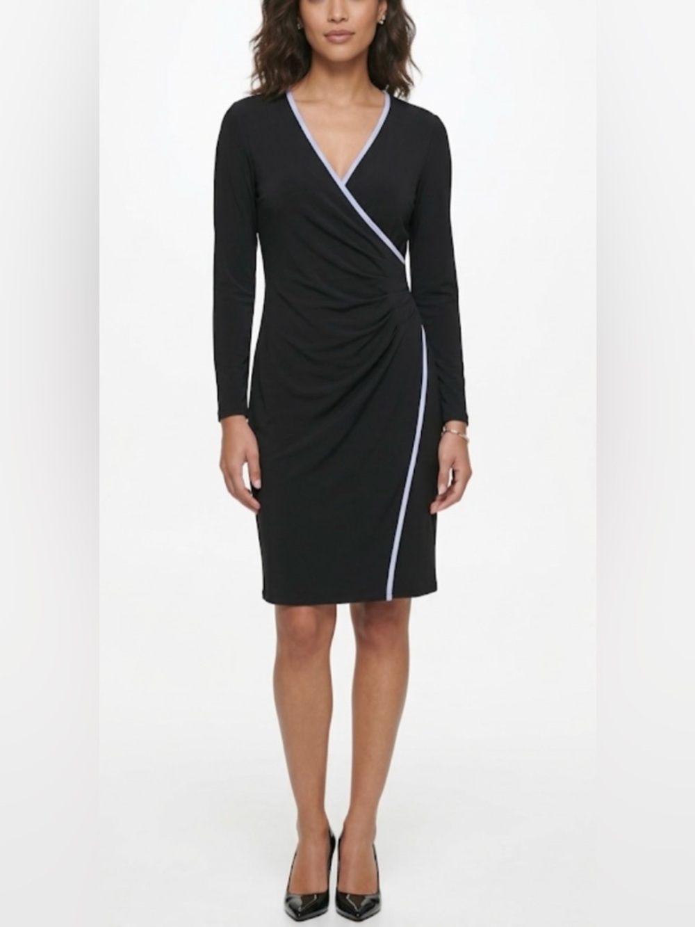 Calvin Klein Dress Size 8 Faux Wrap
Front Black White Piping Long‎ Sleeve Formal